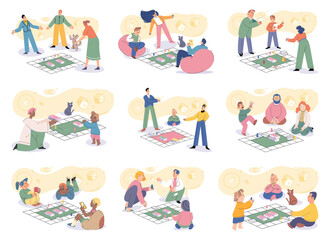 Game together. Family fun. Friendship time. Vector illustration. Board games ignite sense of enthusiasm and curiosity in people The laughter and cheerfulness during friends game night simply