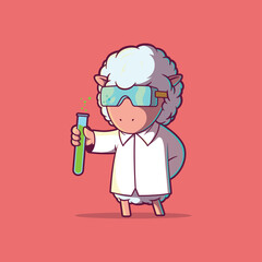 Sheep dressed in a lab coat holding a lab tube vector illustration. Science, medical, and brand design concept.