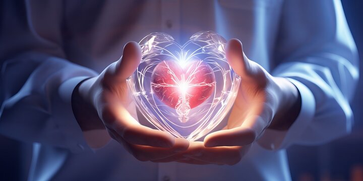 Man Holds an Illuminated Heart, Symbolizing Organ Transplantation and Life-Prolonging Healthcare. In a White Clinic Ambiance, Witness the Organic Resurgence of Youthful Energy Through Life-Saving Oper