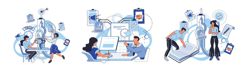 Fototapeta premium Team solving problems. Teamwork problem solving solution partnership Agile project management, planning and deadline, software development, scrum workflow, problem solving FAQ question and answer,