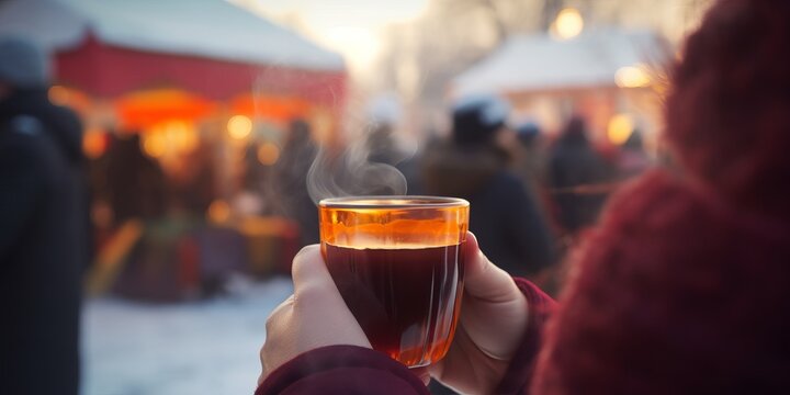 Hands Holding a Cup of Steaming Mulled Wine. The Background Paints a Picture of a Snowy Christmas Market, Where Happy People Gather Amidst Snow, a Christmas Tree, and the Warm Glow of Winter