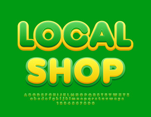 Vector eco template Local Shop. Green and Yellow modern Font. Bright Alphabet Letters, Numbers and Symbols set.