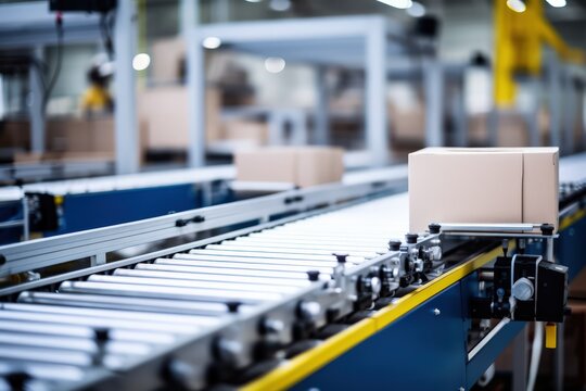 Packages delivery, packaging service and parcels transportation system concept, cardboard boxes on conveyor belt in warehouse.