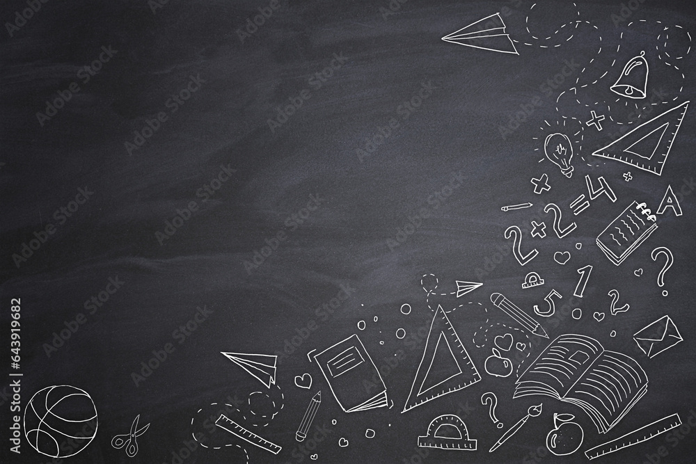 Aufkleber creative back to school sketch on chalkboard wall background with mock up place. education and knowl