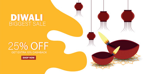 Biggest sale Diwali banner with details and realistic Diya design