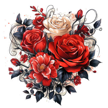 Watercolor red rose flowers T-shirt Design, roses arranged in a whimsical heart, Generative Ai