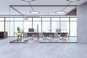 Contemporary spacious glass office meeting room interior with furniture and large panoramic windows with city view. 3D Rendering.