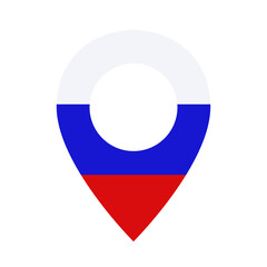 Location mark icon of russian flag colors. Point on map or geo position symbol isolated on white, flat style. Vector picture, illustration of event or trip in Russia, sign for web design or print.