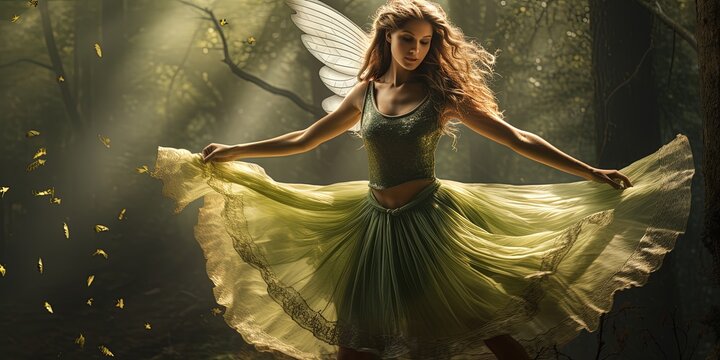 Photorealistic image of a dancing forest fairy. Nature and fabulous forest dwellers. Guardians of the forest.
