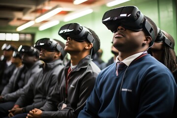 Group of students high school, wearing virtual reality headset in class room generate with Ai. - Powered by Adobe