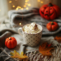 Autumn composition - Pumpkin Spice Latte, maple leaves and pumpkins on black background, creative flat lay, top view, copy space. 