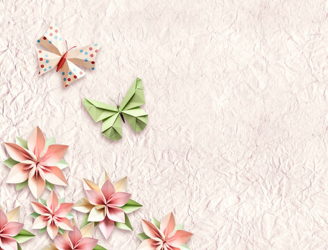 Horizontal eco background with colorful origami paper butterfly and flower on crumpled paper texture. Decorative backdrop with paper figures of  butterflies and flowers. 3d render