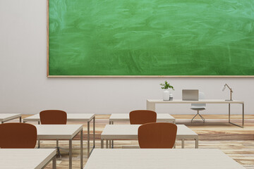 Modern classroom interior with green chalkboard and wooden flooring. Mock up place. Back to school concept. 3D Rendering.