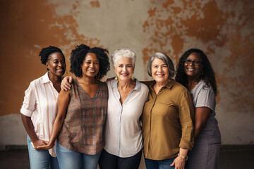A group of diverse senior multiracial woman standing together in front of the wall. 