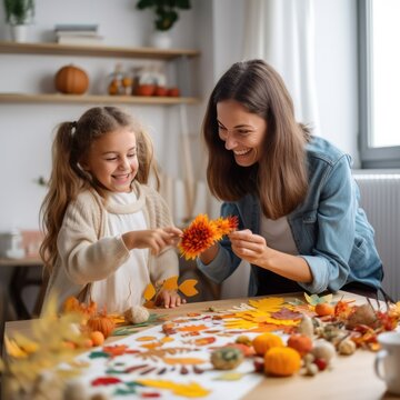 Mom and daughter creating autumn decorations for home