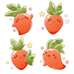 Set of little carrot in kawaii style. Tiny carrots in multiple poses. Cute carrot expression sheet collection. Can be used for t-shirt print, sticker, greeting card design. Vector illustration EPS8