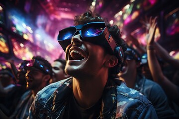 Fototapeta na wymiar Man wearing virtual reality headset surrounding at Concert Festival, Generate with Ai.