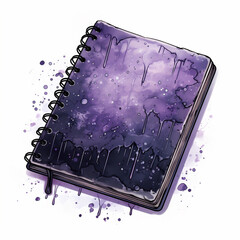 Notebook with watercolor splashes on white background