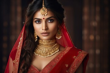 A young beautiful woman of Indian ethnicity wearing traditional bridal costumes and jewellery - obrazy, fototapety, plakaty