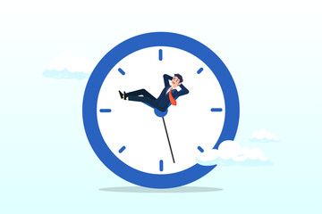Lazy businessman sleeping on the time running clock, wasted time, procrastination or slow life, lazy to work, low productivity or efficiency, self discipline problem, tired or no motivation (Vector)