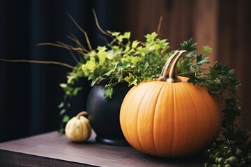 arrangement of plant in a pumpkin. fall home decor. cinematic look
