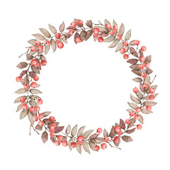 Hand painted watercolor wreath with autumn rowan branch, berries and leaves. Perfect for autumn design greeting cards, invitations, packaging and more