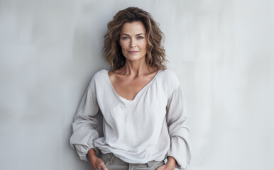 Naklejka premium Beautiful middle aged woman leaning against a white wall
