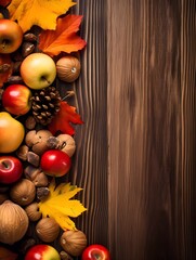 Autumnal decorations on a wooden background. Yellow and red leafs, apples, nuts and cones on a wooden background. Top view. Generative AI