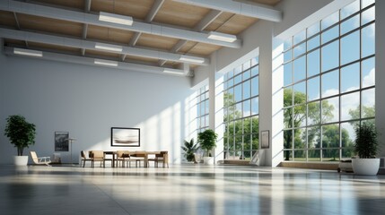 Interior of empty open space office area in modern luxury building. Glossy floor, white walls, chillout area, plants in pots, huge floor-to-ceiling windows with park view. Template, 3D rendering.