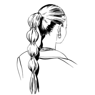 recommend clip art: fashion woman Hairstyle line sketch. trendy ponytail with scrunchy. Girls Head back view. isolated monochrome line illustration for hairdresser and beauty salon.