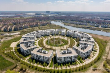 Aerial view of a contemporary eco-friendly neighborhood in Almere, Netherlands powered by solar panel island supplying city heating. Generative AI - obrazy, fototapety, plakaty