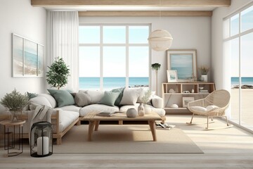 Beachy living room with mockup; CGI. Generative AI