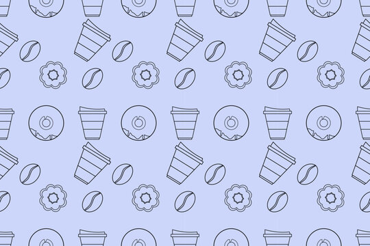 Coffee bean plastic coffee cup Donut sprinkles sugar glaze seamless pattern background Design for carpet, wallpaper, silk,pattern,clothing,wrapping,batik,woven fabric, Vector illustration  embroidery 