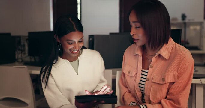 Business women, team collaboration and tablet for software, coding and information technology at startup agency. Happy young employees on digital technology for IT internship, programming or solution