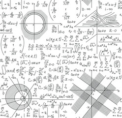"Back to school" vector seamless pattern with handwritten math formulas, figures, calculations