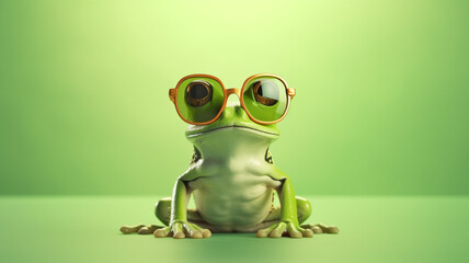 Fototapeta premium Cute frog wearing sunglasses, Orange shades on minimal lime background, Editorial animal concept | Generative AI