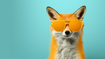 Fototapeta premium Fox wearing orange sunglasses, Cute animal in shades on minimal clean background, Editorial animal concept | Generative AI