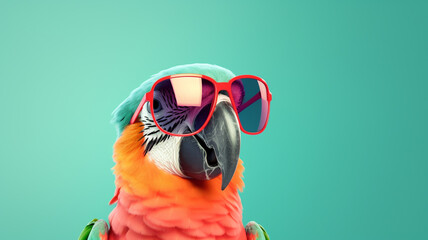 Parrot wearing red sunglasses, Party animal in shades on minimal green background, Editorial animal concept | Generative AI - obrazy, fototapety, plakaty