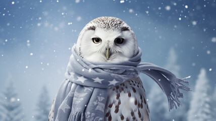 Snow owl wearing a scarf, Winter bird on snowy background, Editorial animal concept | Generative AI - obrazy, fototapety, plakaty