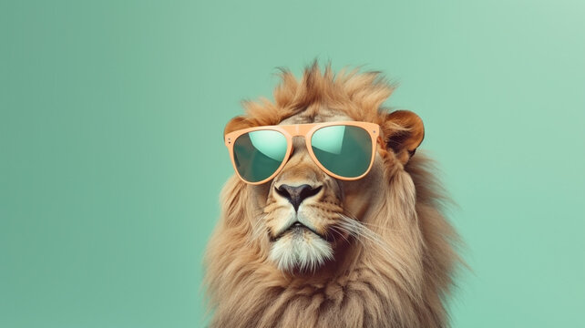 Lion wearing orange sunglasses, Zoo animal in shades on minimal background, Editorial animal concept | Generative AI
