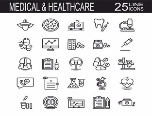 Medical Vector Icons Set. Line Icons, Sign and Symbols. Medicine, Health Care, Internal Organs, Drugs, Symptoms, Dental and Fly. Mobile Concepts and Web Apps. Modern Infographic Logo and Pictogram. 