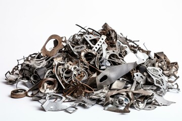 Metal scraps on a white backdrop. Discarded materials from industry. Generative AI