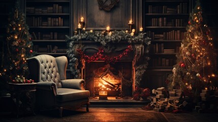 Interior of luxury classic living room with Christmas decor. Blazing fireplace and bookcases, wreath, garlands and burning candles, elegant Christmas tree, gift boxes. Christmas celebration concept.
