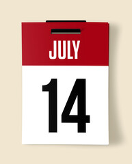 14 July Calendar Date, Realistic calendar sheet hanging on wall