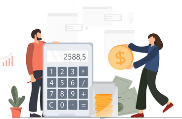 Persons with big calculator, earning money in internet, online money transfer, payments, money savings, calculating of finances, taxes, audit, financial education
