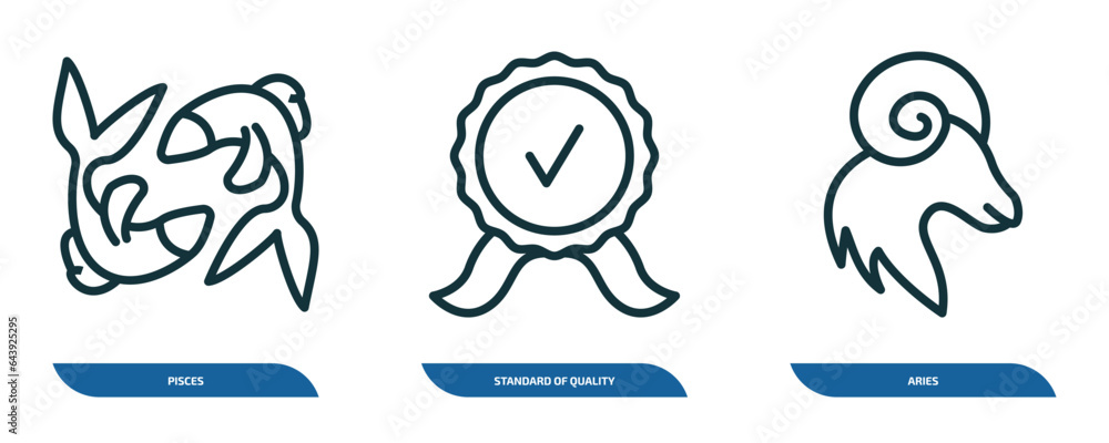 Poster set of 3 linear icons from zodiac concept. outline icons such as pisces, standard of quality, aries 