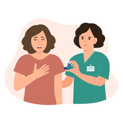 .A doctor is giving inhaler to  patient with asthma attack. Bronchial asthma diagnosis, treatment and medicine, shortness of breath, respiratory attack, allergy cough. Vector illustration.