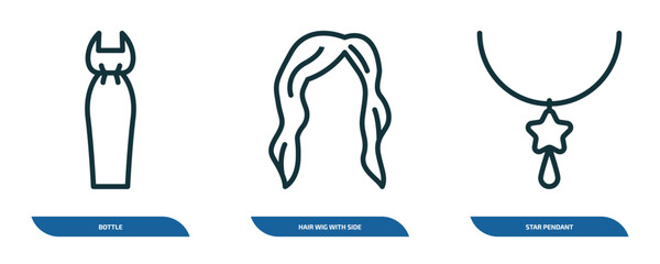 set of 3 linear icons from woman clothing concept. outline icons such as bottle, hair wig with side, star pendant vector