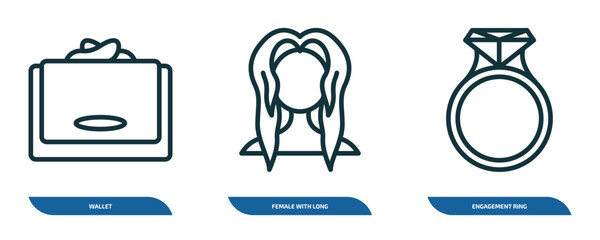 set of 3 linear icons from woman clothing concept. outline icons such as wallet, female with long hair, engagement ring vector