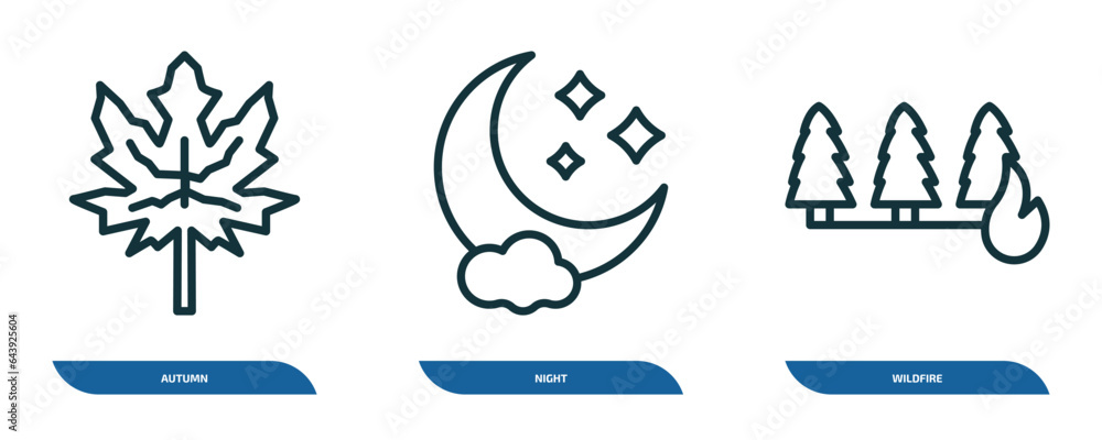 Poster set of 3 linear icons from weather concept. outline icons such as autumn, night, wildfire vector